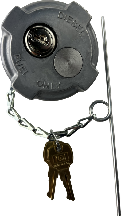 A hino locking fuel tank cap connected to a chain, rod, and 2 keys on a white background