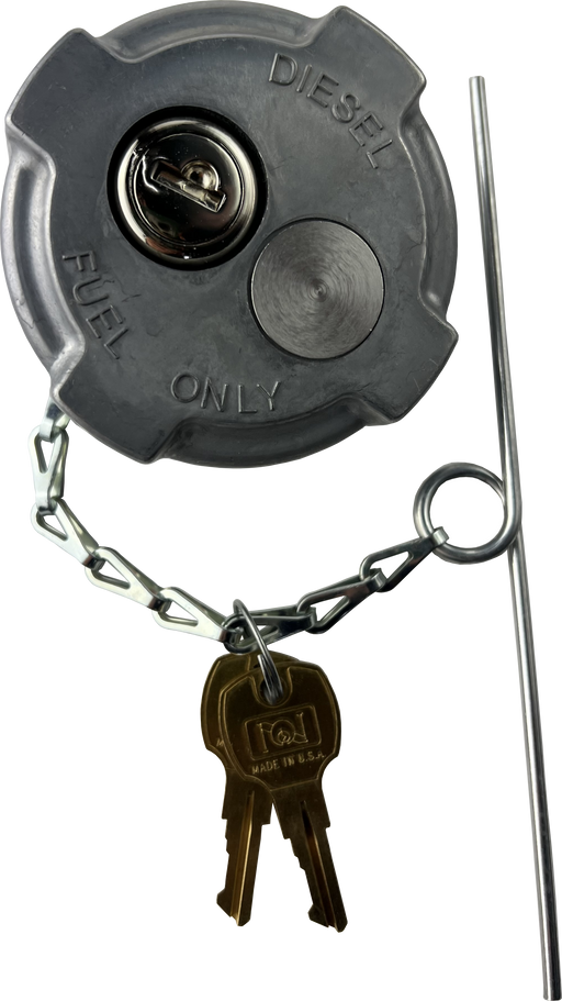 A hino locking fuel tank cap connected to a chain, rod, and 2 keys on a white background