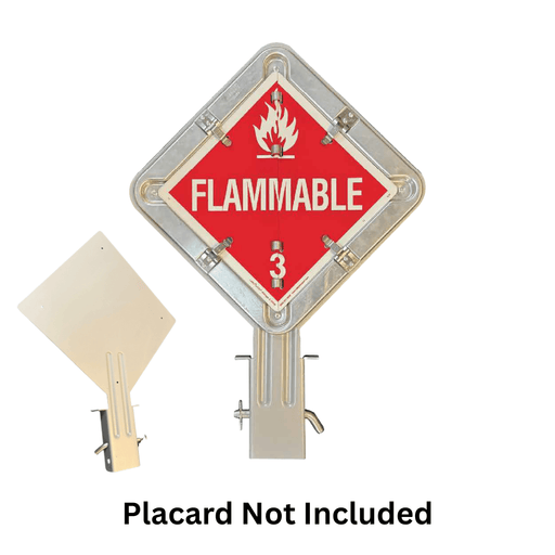 2 stake pocket placard holders for flatbed trailers one of which has a "Flammable" placard installed 