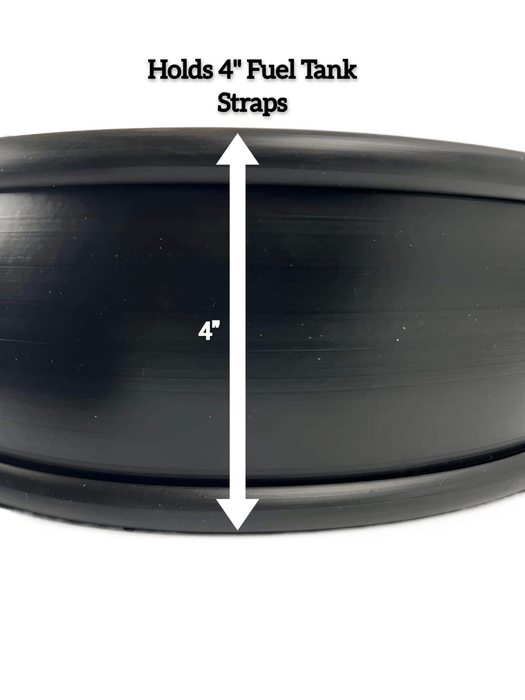 A diagram of UTP-4-6 showing the 4" width of a fuel tank strap isolator with text saying "Holds 4" Fuel Tank Straps"