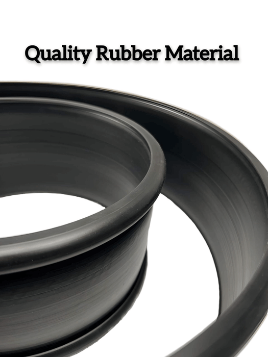 A close view of 4" fuel tank strap isolator showing its quality with text saying "Quality Rubber Material"