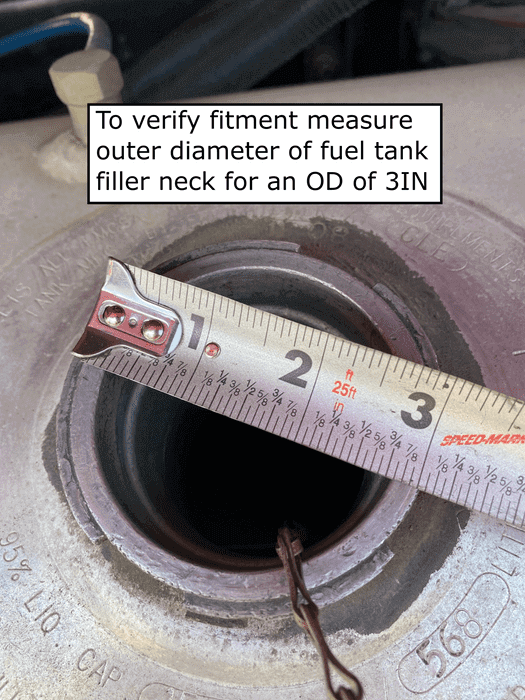 Diagram for how to measure your fuel tank filler neck opening to verify fitment of the product