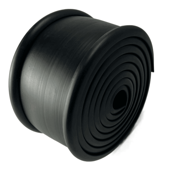 Black 3in wide fuel tank strap isolator rolled up at a diagnal angle