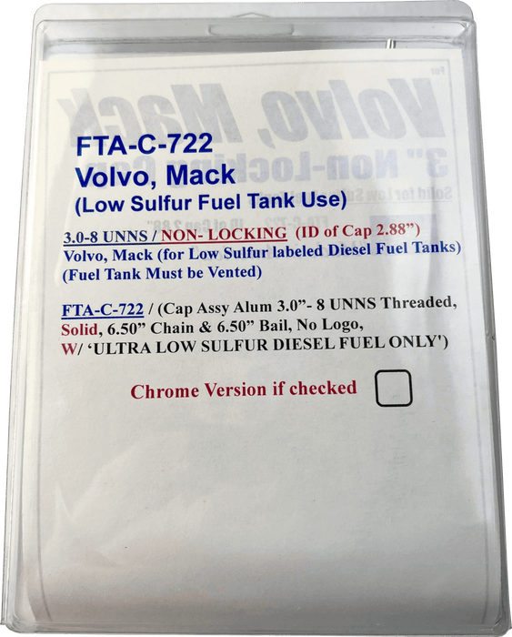 Volvo Truck Fuel Tank Cap Low Sulfur Non-Locking Non-Vented 3" ID